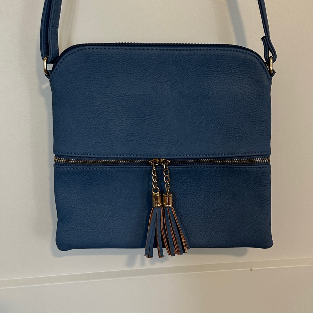 Blue Faux Leather Crossbody Bag